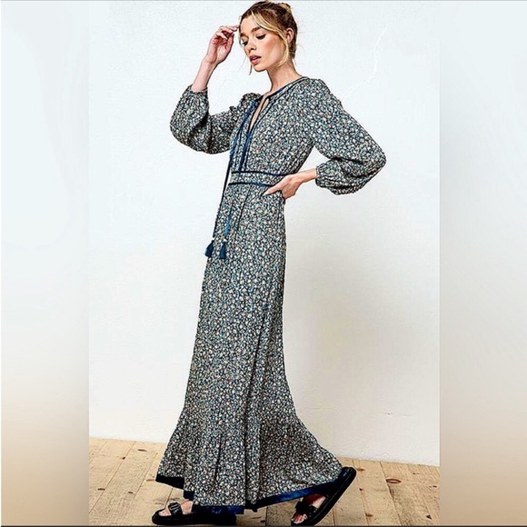 Boho Floral Maxi Dress | Navy Blue Long Sleeve Ruffle Hem Dress with Tassels - Picture 2 of 5